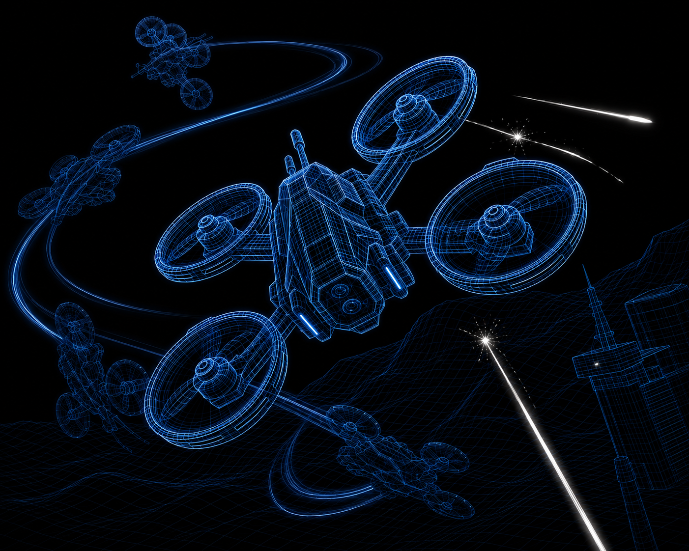 Drone executing evasive maneuvers above terrain